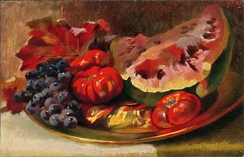 Künstlerkarte Stillleben Weintrauben Wassermelone Farbenfroh 1912