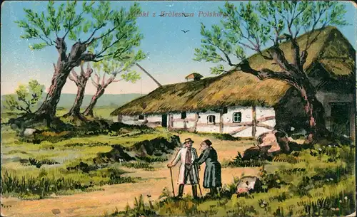 Polen Polska Polnische Häuser: Landschaft mit Ried gedecktem Haus 1910