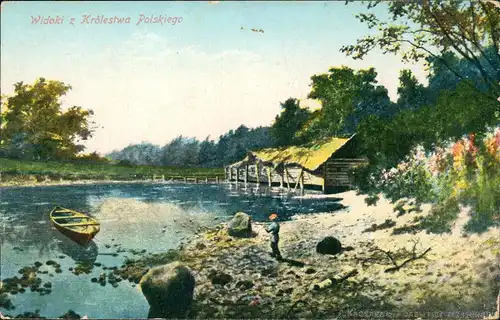 Polen Polska Widoki z Królestwa Polskiego; Häuser am Fluss-Ufer 1910