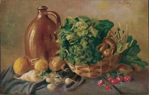 Ansichtskarte  Künstlerkarte Stilleben Rüben Tonkrug Gemüse 1913