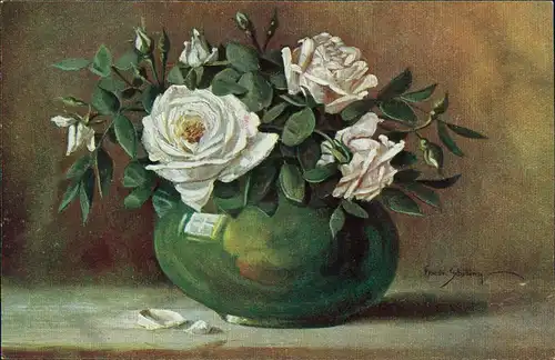 Ansichtskarte  Künstlerkarte Topf mit weißen Rosen 1912