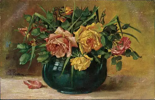 Ansichtskarte  Künstlerkarte bunte Rosen im Topf - Künstlerkarte 1912