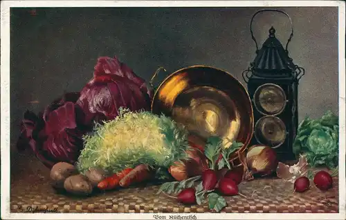 Ansichtskarte  Künstlerkarte Stilleben vom Küchentisch 1912