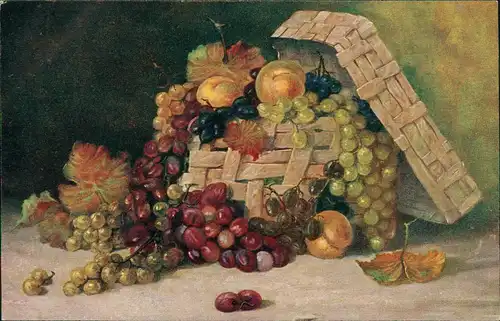 Künstlerkarte Stillleben Korb mit Weintrauben und Pfirsichen 1912