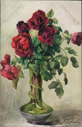 Ansichtskarte  Künstlerkarte Frisch gepflückt rote Rosen in edler Vase 1912