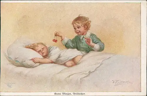 Kinder Künstlerkarte Geschwisterliebe Guten Morgen, Brüderchen 1912