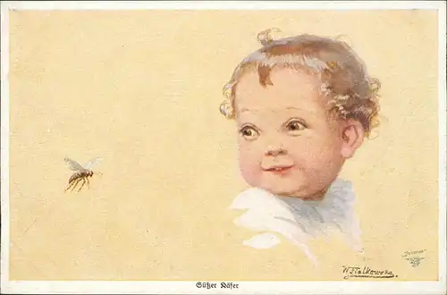 Kinder Künstlerkarte Süßer Käfer „Ungebetene Gäste" Wally Fialkowska 1912