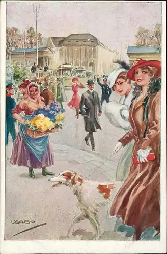 Berlin Künstlerkarte Weltstadtleben Straßenszene Frau mit Hund 1912
