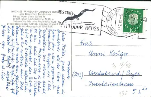 Ansichtskarte  HOCHSEE-FÄHRSCHIFF THEODOR HEUSS 1961  mit passendem Werbestempel