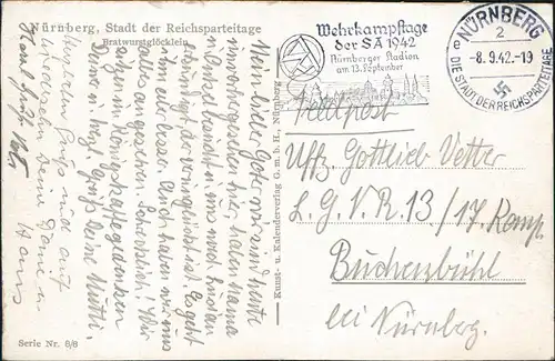 Ansichtskarte Nürnberg Bratwurstglöcklein Außenterrasse 1942  gel Feldpost WK2