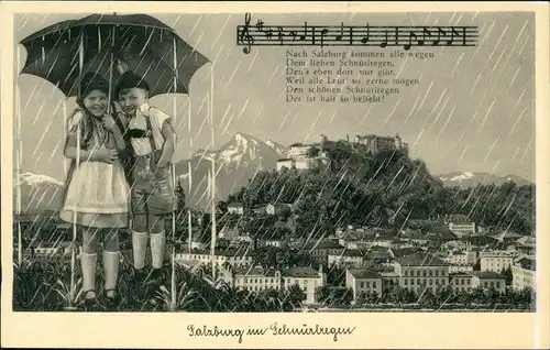 Ansichtskarte Salzburg Panorama-Ansicht mit Lied-Text, Kinder im Regen 1950