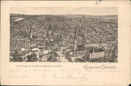 Ansichtskarte Chemnitz Panorama- alter Zeichnung 1898   (Ankunftsstempel)
