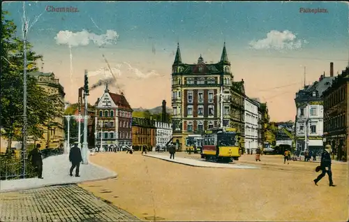 Ansichtskarte Chemnitz Falkeplatz mit Tram Haltestelle 1921