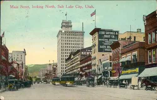 Postcard Salt Lake City Main Street, looking North, Utah 1913