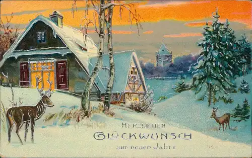 Neujahr Sylvester New Year Grusskarte  Landschaft mit Haus 1970 Silberrand