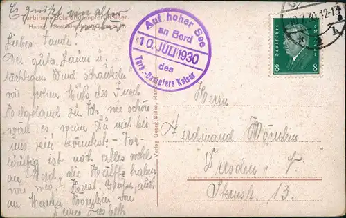 AK Schnelldampfer KAISER HAPAG 1930   Schiffspost  Bordpoststempel