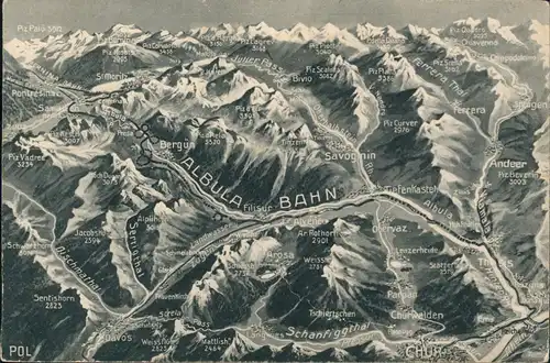 .Graubünden Albulabahn Relief-Panorama-Karte Schweizer Berge 1910