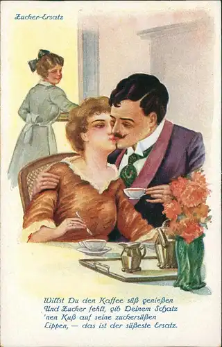 Ansichtskarte  Scherzkarte Zucker-Ersatz küssendes Liebespaar 1914