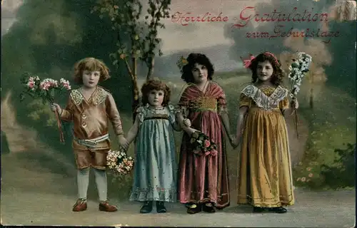 Glückwunsch Geburtstag Birthday Kinder feine Kleidung 1913 Goldrand