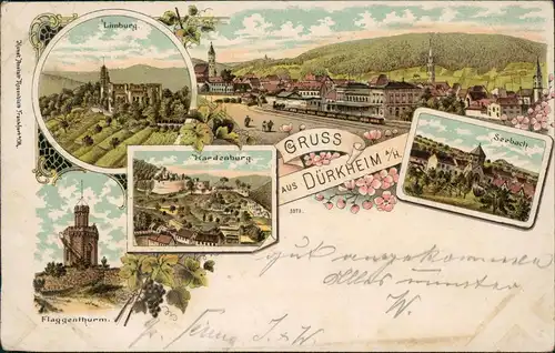 Ansichtskarte Litho AK Bad Dürkheim MB: Bahnhof, Turm, Seebach 1898