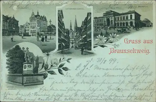 Ansichtskarte Braunschweig Denkmal, Kohlmarkt, Kirche - Mondscheinlitho 1899