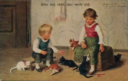 Kinder Künstlerkarte Was sich liebt, das neckt sich Kätzchen 1912