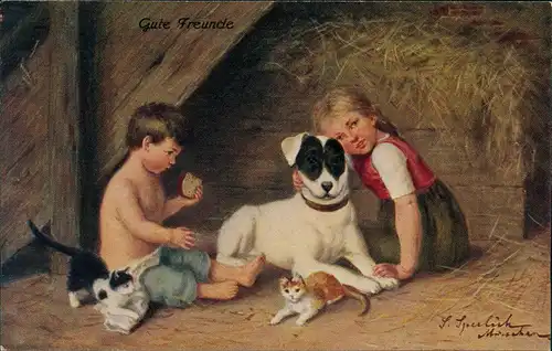 Kinder Künstlerkarte Gute Freunde J. Heerlich Hunde u. Katzen 1912