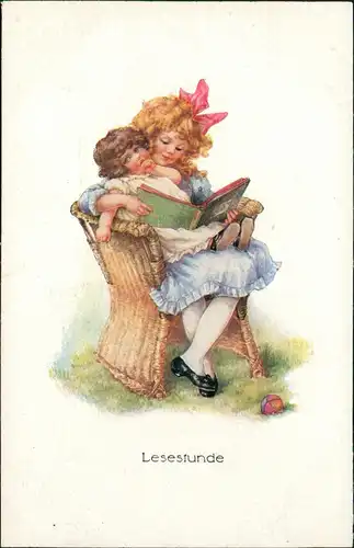 Kinder Künstlerkarte Lesestunde Mädchen lesen im Korbsessel 1912