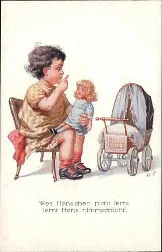 Kinder Künstlerkarte Was Häns'chen nicht lernt lernt Hans nimmermehr. 1912