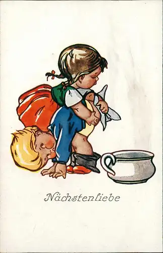 Kinder Künstlerkarte Nächstenliebe Junge u. Mädchen Töpchen 1913