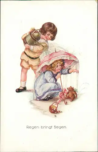 Kinder Künstlerkarte Regen bringt Segen Junge begießt Mädchen 1912