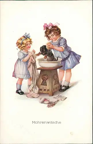Kinder Künstlerkarte Mohrenwäsche Mädchen waschen Dackel 1912