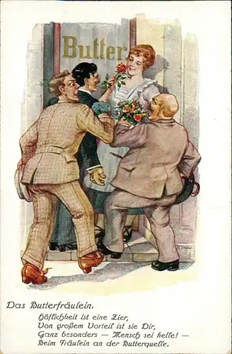 Künstlerkarte Scherzkarte Herren bestürmen Das Butterfräulein. 1912