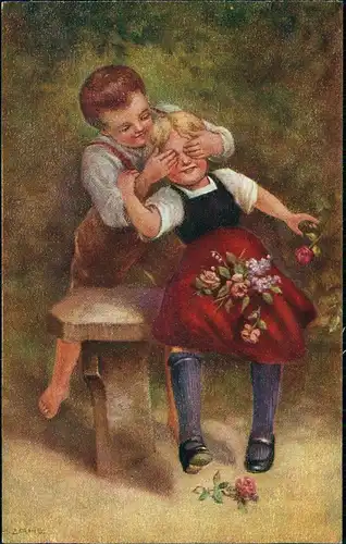 Kinder Künstlerkarte Hans Zahl Wen hast du lieb? Junge u. Mädchen 1912