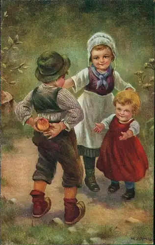 Ansichtskarte  Kinder Künstlerkarte, Junge mit Apfel Mädchen 1912