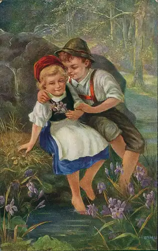 Ansichtskarte  Kinder Künstlerkarte Junge und Mädchen am Teich 1912