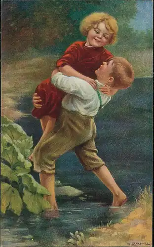 Kinder Künstlerkarte Hans Zahl Süße Junge trägt Mädchen Last 1912