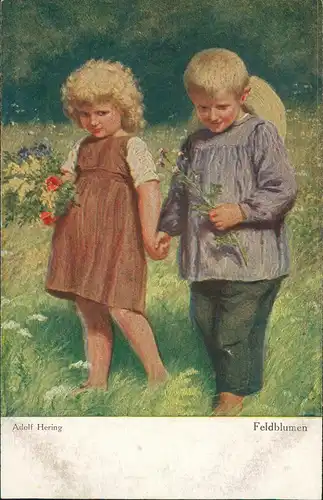 Kinder Künstlerkarte Adolf Hering Feldblumen Junge und Mädchen Hand in Hand 1912