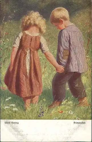 Kinder Künstlerkarte Kameraden Junge u. Mädchen Hand in Hand 1912