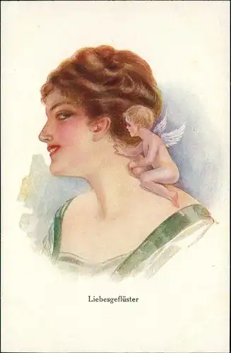Künstlerkarte Liebesgeflüster -schöne Frau Engel auf der Schulter 1912