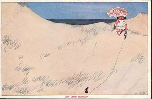 Kinder Künstlerkarte Ins Garn gegangen - Mädchen auf Düne 1913