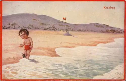 Ansichtskarte  Kinder Künstlerkarte Kind am Strand - junge Krabben 1912