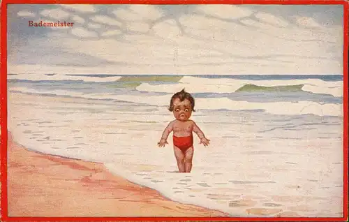 Kinder Künstlerkarte Bademeister Kind am Strand - junge Krabben 1912