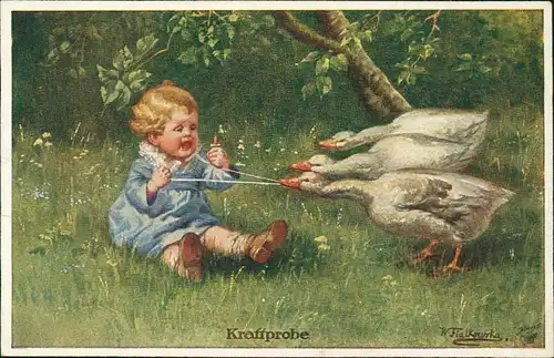 Kinder Künstlerkarte Goldene Kindheit Kraftprobe Wally Fialkowska 1913