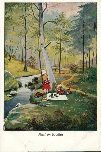Kinder Künstlerkarte Rast im Walde junge u. Mädchen Picknik 1918