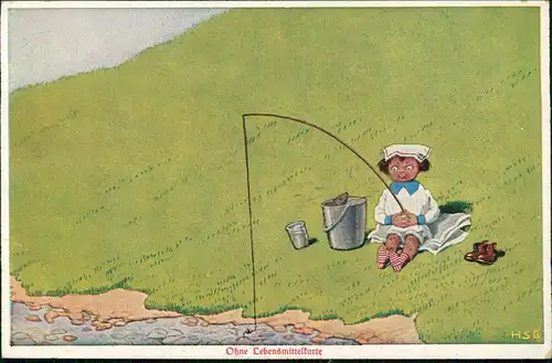 Kinder Künstlerkarte ohne Lebensmittelmarke Kind beim angeln 1912
