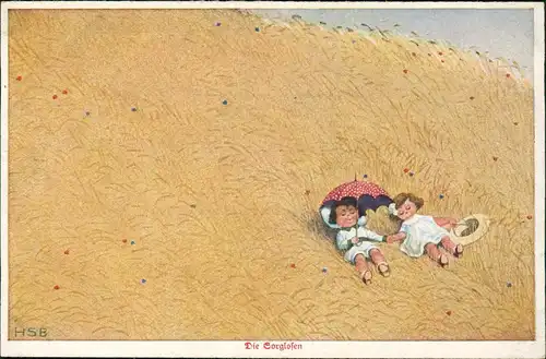 Ansichtskarte  Kinder Künstlerkarte Kinder im Getreidefeld Die Sorglosen 1912