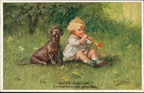 Kinder Künstlerkarte Goldene Kindheit Mädchen Hund Wally Fialkowska 1912