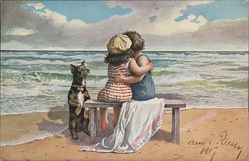 Kinder Künstlerkarte Weltvergessen Mädchen schauen auf das Meer Hund 1912