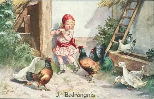 Künstlerkarte Kinder Mädchen auf dem Bauernhof Hähne Hennen in Bedrängnis 1912